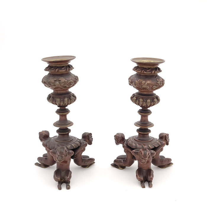 Pair of Bronze French Baroque Style Candlesticks with Satyrs, 19th Century