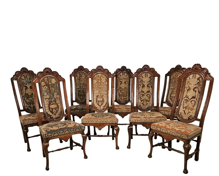 Set of Eight Large Walnut & Tapestry Chairs, Spain, 18th or 19th century
