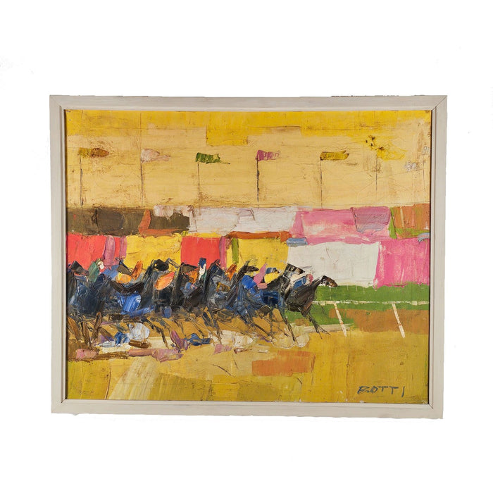 Midcentury Oil on Canvas Painting of Horse Racing, Signed Rotti