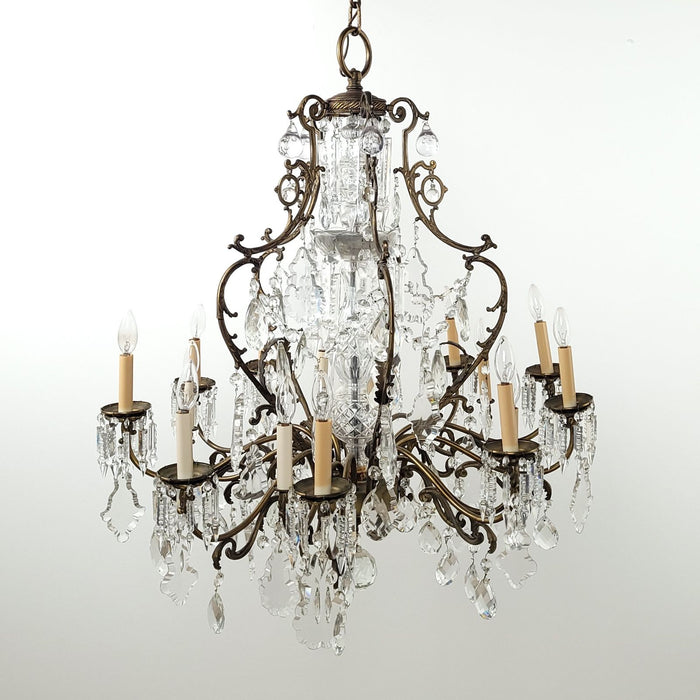 Large Vintage French Crystal and Brass Chandelier, circa 1920