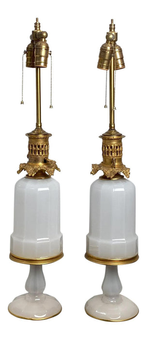 French White Opaline and Ormolu Oil Lamps, Circa 1840 - a Pair