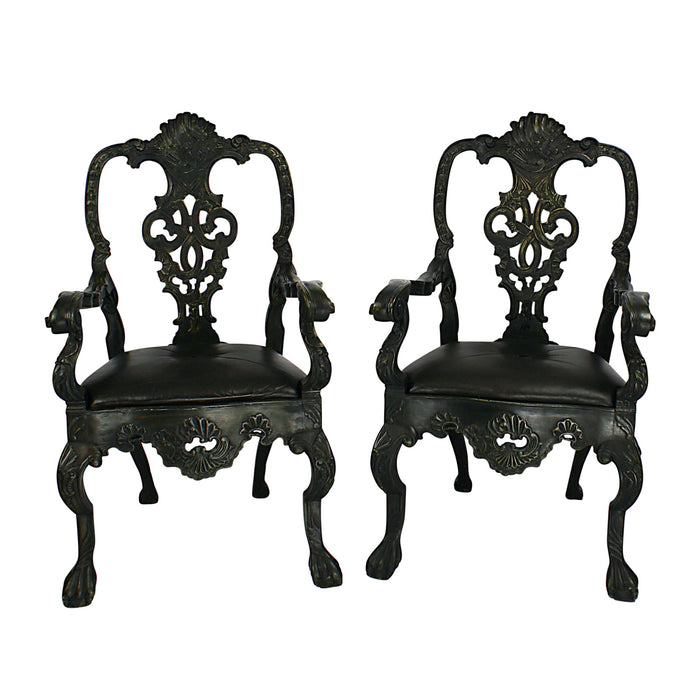 Circa 1900 Portuguese Baroque Revival Bottle Green Painted Armchairs, A Pair