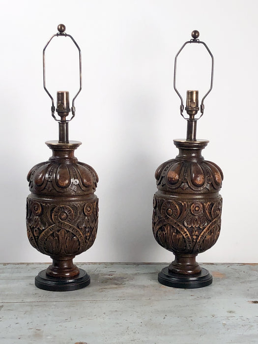 19th Century English Oak Balustrade Lamps
