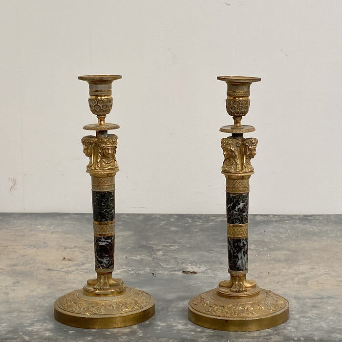 Circa 1810 Ormolu and Jasper Candlesticks, France, A Pair