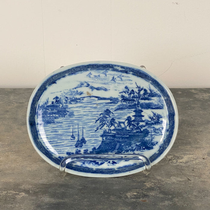 Vintage Blue and White Oval Dish, Circa 1980