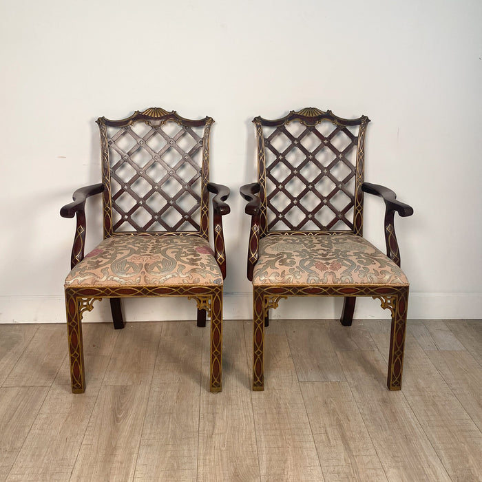 Pair of Matching Chinese Chippendale Armchairs with Blind Fretwork and Gilt Highlights