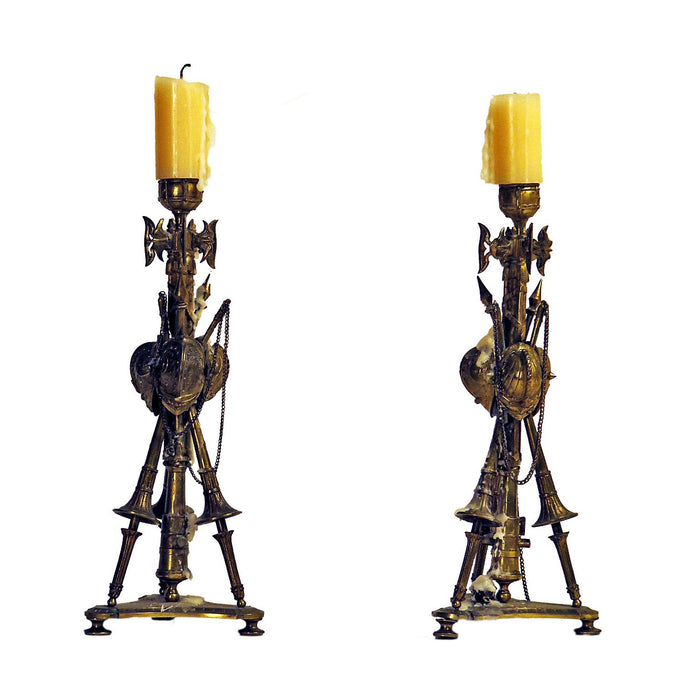 French Pair of Gilt Military Trophy Candlesticks circa 1850