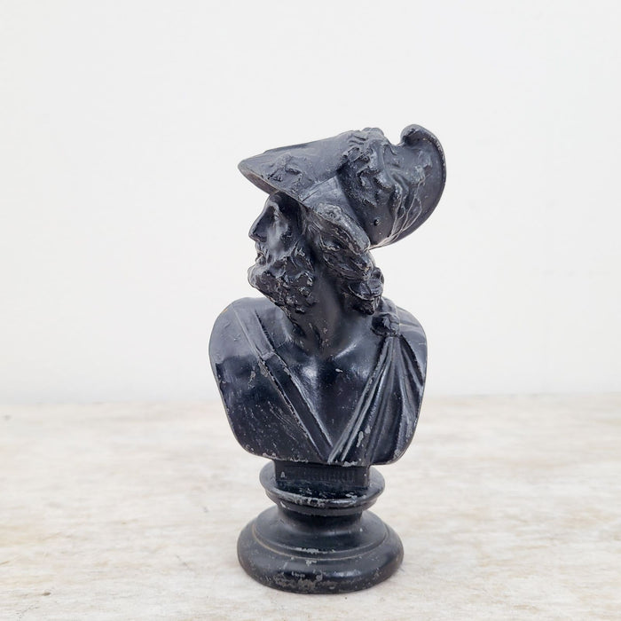 Small White Metal Portrait Bust of a Classical Warrior, Painted Worn Black