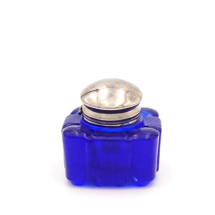 Cobalt Glass Silver Plated Inkwell, England circa 1920