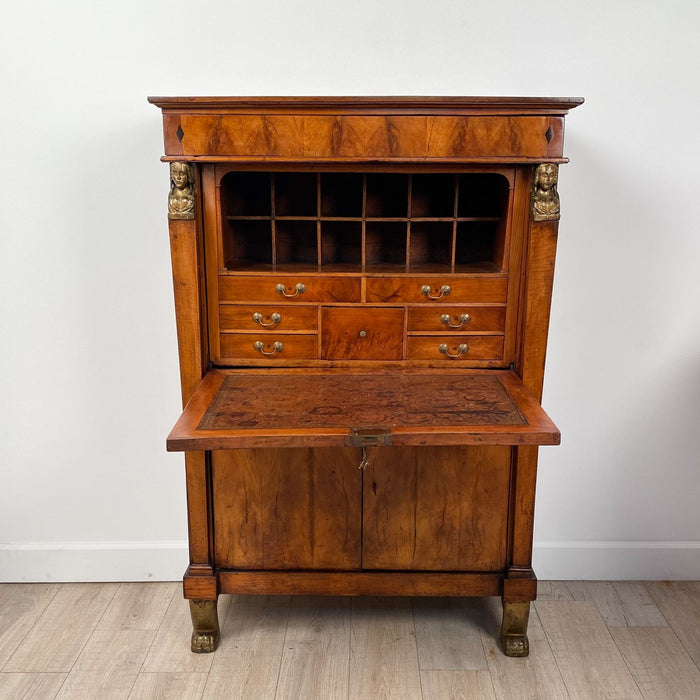 Rare Italian Empire Secretary Abattant in Cherry and Giltwood Accents, Neoclassical, Early 19th Century