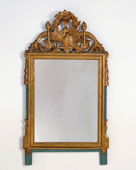 Giltwood Louis XVI Style Mirror with Green Accents, circa 1920