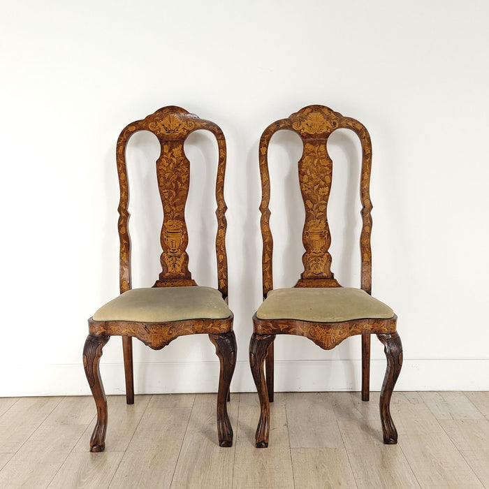 Pair of Dutch Baroque Walnut Inlaid Chairs, circa 1780