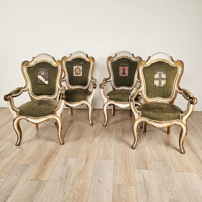 Set of Four Swedish Baroque Painted and Gilt Chairs with Armorial Upholstery, circa 1760