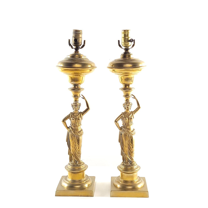 Large Pair of American Victorian Neoclassical Oil Lamps, circa 1870