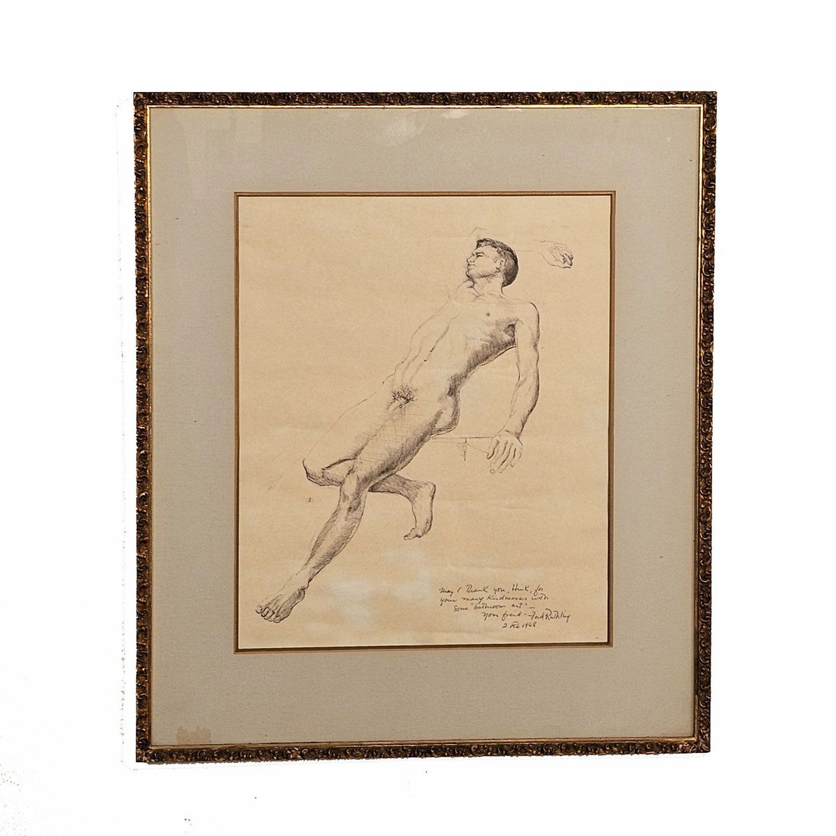 Drawing of Reclining Man by Ford Ruthling, U.S.A., 1968 — Antique & Art ...