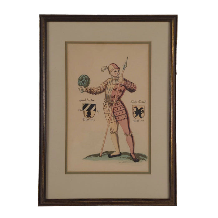 18th-Century Hand-Colored Engraving of Renaissance Soldier, Probably German