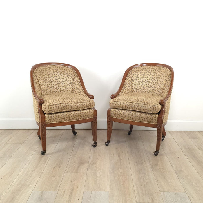 Pair of Vintage Empire Style Mahogany Upholstered Armchairs with Casters