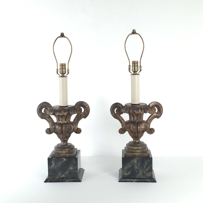 Pair of Antique Italian Silver Gilt & Painted Urns, Now Lamps