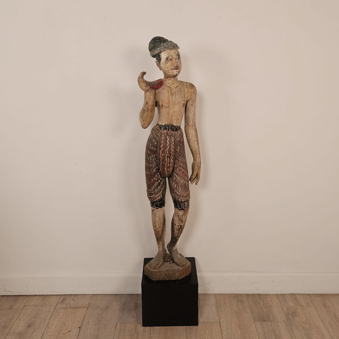 19th Century Southeast Asian Tall Painted & Carved Wood Figure of a Man