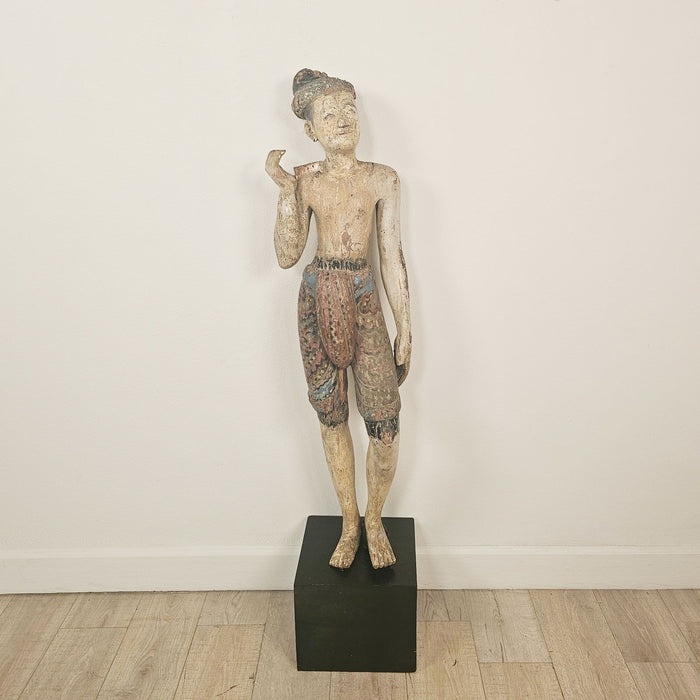 19th Century Southeast Asian Tall Painted & Carved Wood Figure of a Man