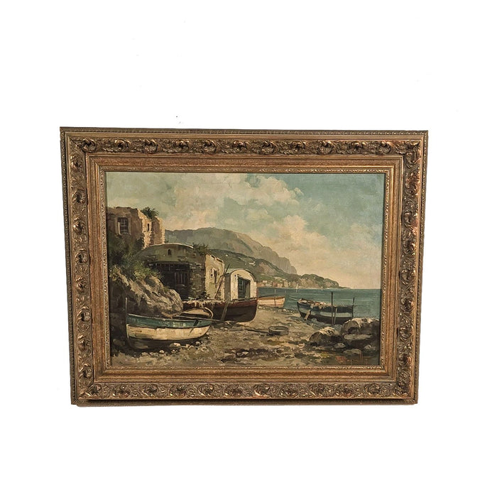 Continental Oil Painting of Fishing Village, probably Italy circa 1900
