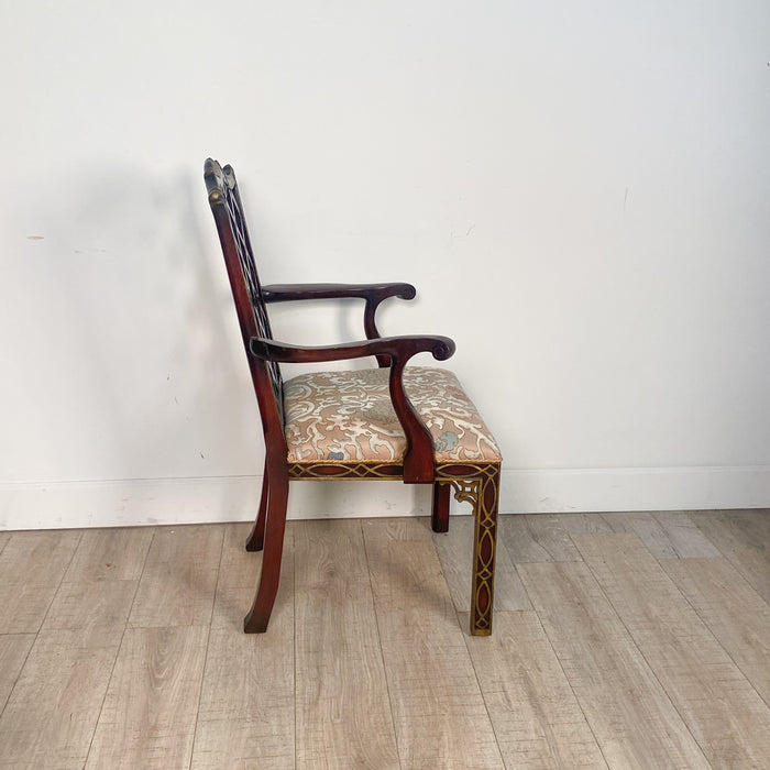 Pair of Matching Chinese Chippendale Armchairs with Blind Fretwork and Gilt Highlights