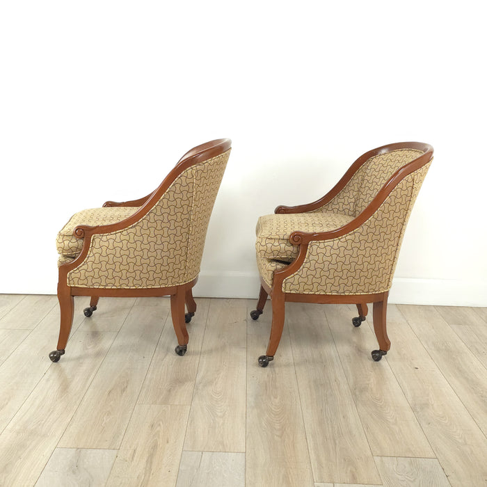 Pair of Vintage Empire Style Mahogany Upholstered Armchairs with Casters