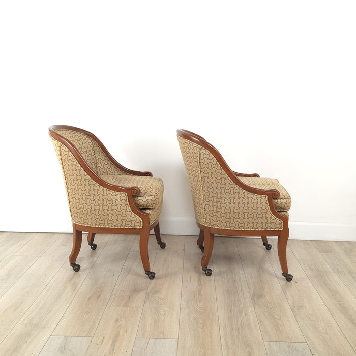 Pair of Vintage Empire Style Mahogany Upholstered Armchairs with Casters