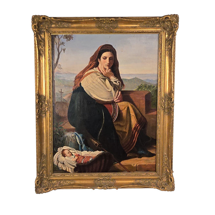 Large 19th Century Continental Painting of Mother & Child