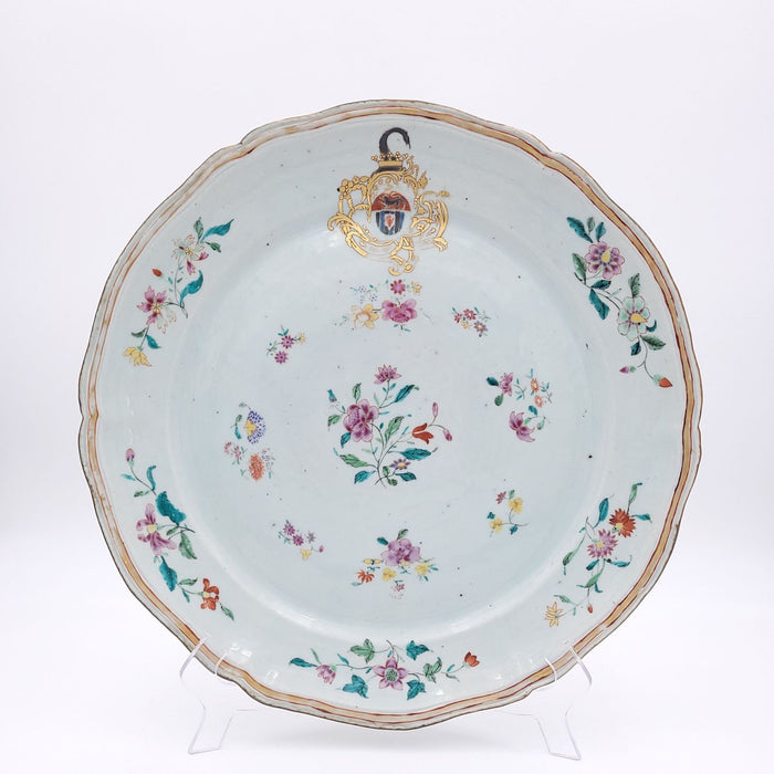 Large Chinese Export Mid 18th Century Armorial Charger in Famille Rose Colors