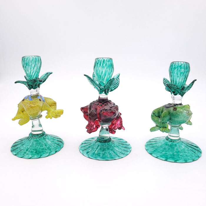 Set of Three Anne Welch Glass Candlesticks with Frogs, American circa 1990