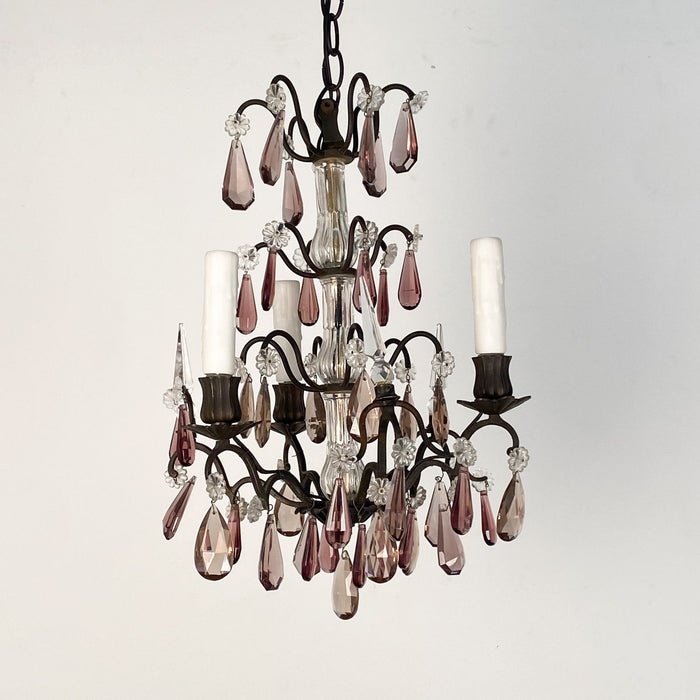 Vintage Wrought Iron Chandelier with Amethyst Crystals, Italy circa 1950