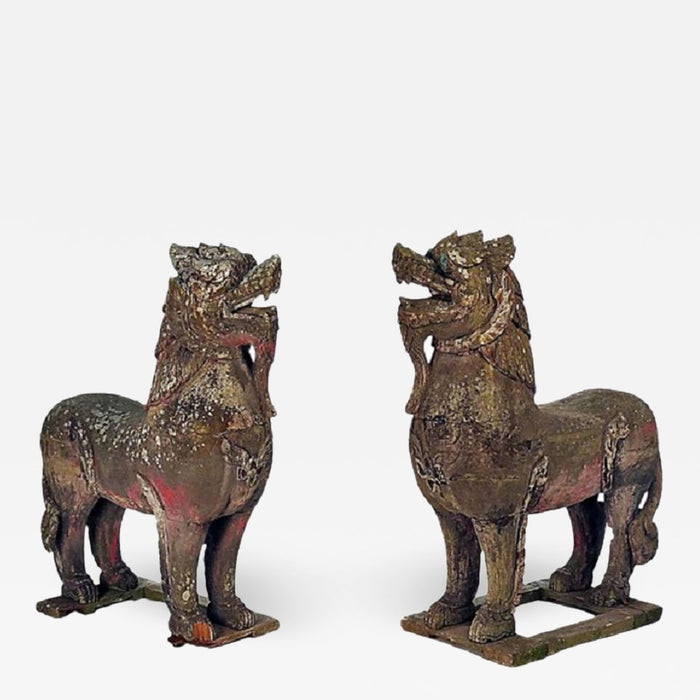 Pair of Wood Palace Lions, Southeast Asia, Weathered with Mica Eyes