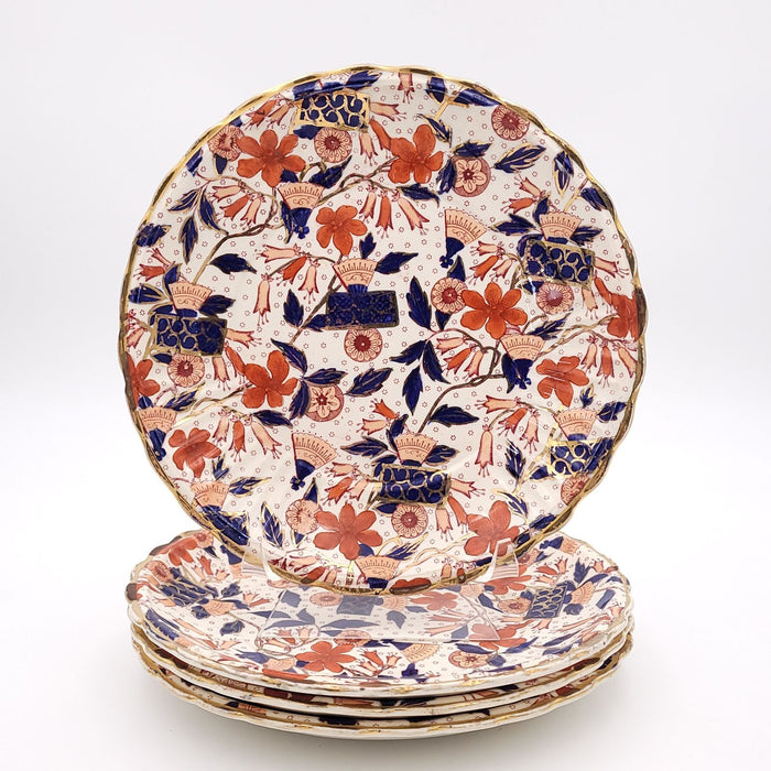Set of Four Hand-Decorated Plates in Rust, Cobalt Blue, and Gold, Staffordshire, England, circa 1880