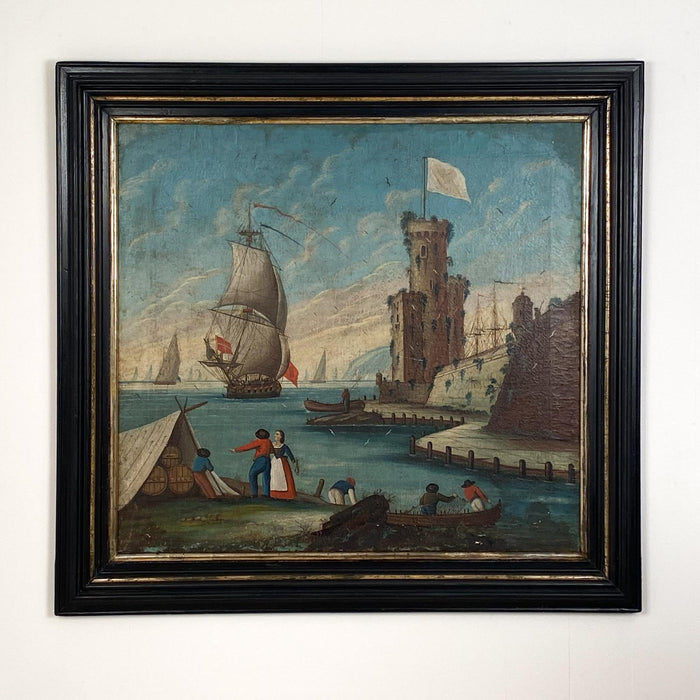 Circa 1600 "View of a Harbor" in Large Frame, Spain