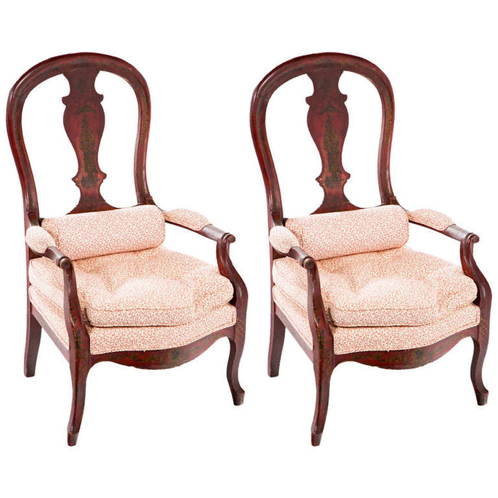 Circa 1860 Red Lacquered French Arm Chairs, A Pair