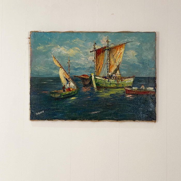 Circa 1950 Trade Ships Oil on Canvas, Italy