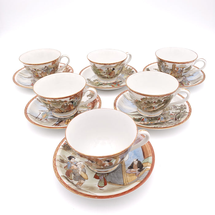 Set of Six Kutani Hand-Painted Teacups and Saucers, Japan circa 1950