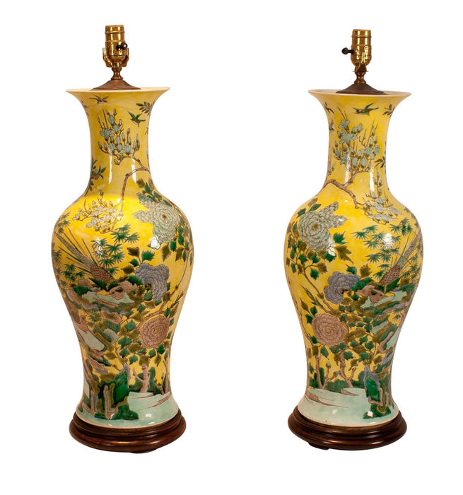 1915 China Republic Period Yellow Porcelain Table Lamps - a Pair